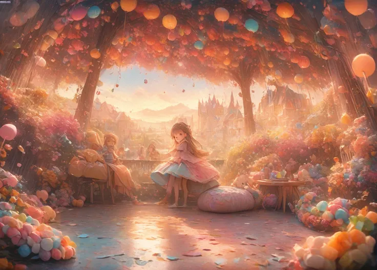 (The best,4K,【8k,High resolution,masterpiece:1.2),Super detailed,illustration,Colorful candy paradise scene,Sweet Candy House,Vibrant candy tree,Marshmallow cloud floating,Colorful candy rain,Happy children playing,fantastic colors,Soft colors,whimsical at...