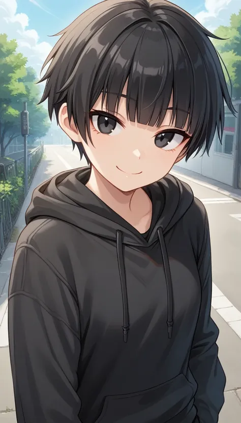 1girl, solo, tomboy, straight hair, short hair, blunt bangs, black hair, score_9, black eyes, black hoodie, black pants, outdoors, upper body, looking at viewer, smile