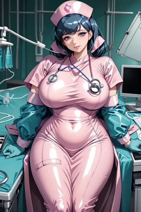 nurse uniform,hospital, latex nurse suit,nurses,busty,elbow gloves,labcoat,black hair woman,pink eyes , gigantic ,medical instru...