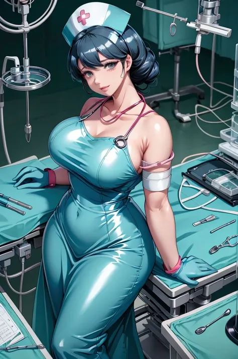 nurse uniform,hospital, latex nurse suit,nurses,busty,elbow gloves,labcoat,black hair woman,pink eyes , gigantic ,medical instru...