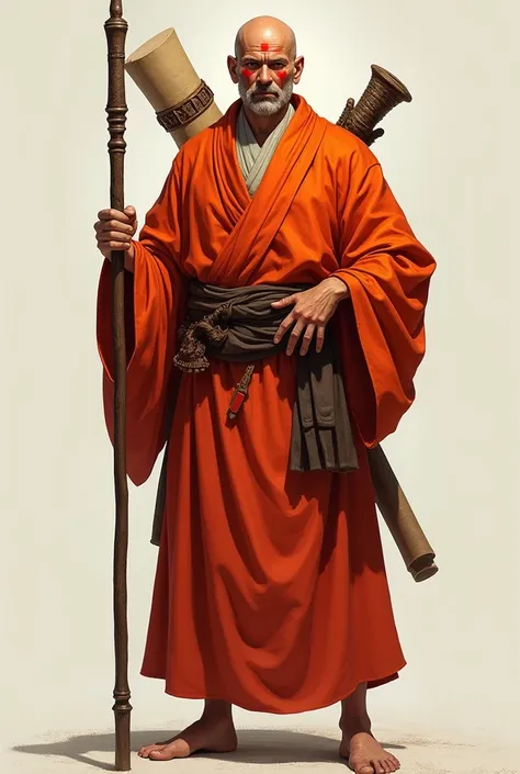 A 30-something RPG-style monk in red-orange robes and barefoot holding a staff while carrying a scroll on his back, bald man without a mustache, full body image and on his face there is red paint 