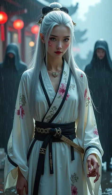 masterpiece, The best quality, Evening, outdoors, rainy days, Branch offices, Chinese style, Ancient China, 1 woman, mature woman, Woman with long silver-white hair, blue grey eyes, light pink lips, Cold, Serious, weak, blows, assassins, short knives, whit...