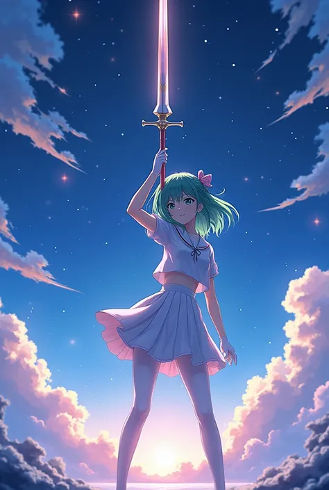 Night sky，White short-sleeved school uniform，White pleated skirt，white pantyhose，White Gloves，Green long hair anime girl，huge magic spear