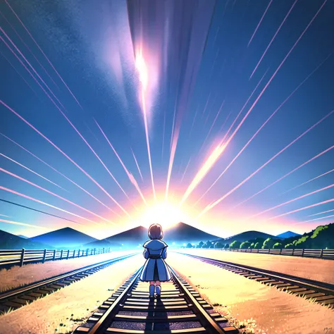 There is a beautiful woman standing on the train tracks, There are signs, Landscape Artwork, Anime Background Art, Lofi Art, Detailed Landscape – Width 672, Landscape Art Detail, Lofi Art style, beautiful Anime Landscape, Produced in collaboration with ani...