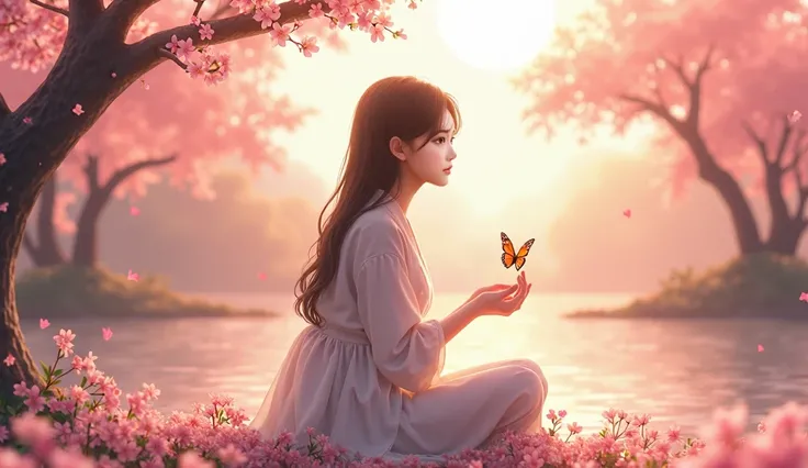 a Korean girl 19 years of age sitting in a aesthetic japanese scenario, cherry blossoms beautiful flowers holding a butterfly and glowing sun, her face is well detailed and eye balls are well formed, serene environment  a graceful smile looking front 