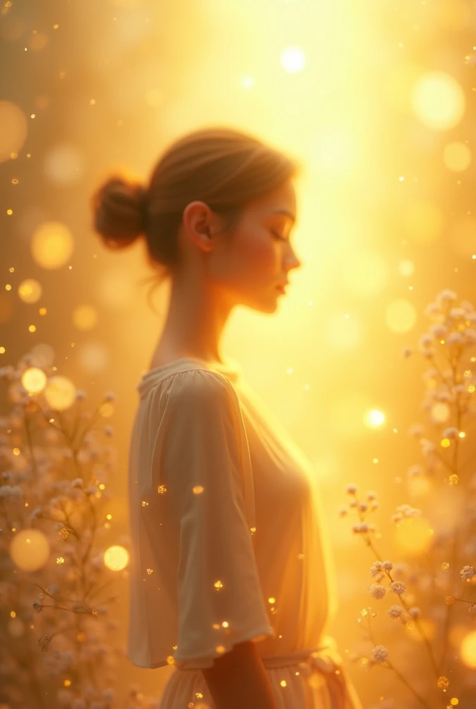 An abstract, semi-visible structure like a young healthy woman blurry face standing amidst a golden, radiant aura facing opposite the screen. The background is a blend of soft, warm hues—gold, amber, and subtle pinks—symbolizing purity and affection. The g...