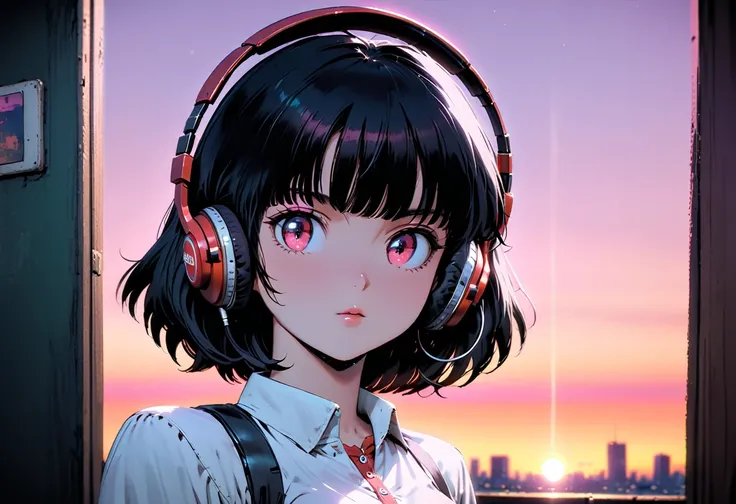 ((Best Quality)),(masterpiece)),(detailed),(Realistic),80s Anime、Ghibli style、Lo-fi art style,Cinematic Lighting,Tokyo Sunset Girl、The girl is wearing headphones and has her eyes closed、Beautiful black hair with short hair