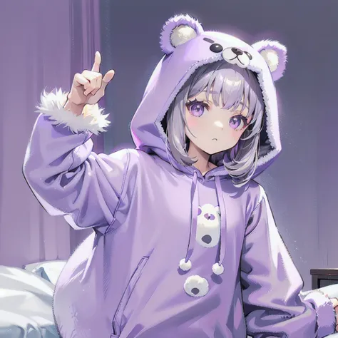 Little, Nendoroid, ((worst quality, low quality)), ((close), profile,1.5 facing left), ( girl), gray hair, (Fluffy bear costume pajamas:1.4), (open income:1.2), (light purple pajamas:1.4), Animal Hoodie, (hood up:1.under the hoodie, oversized hoodie, five ...