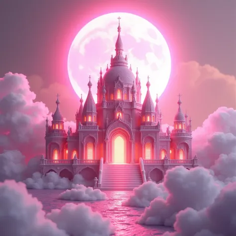 A highly detailed and creative 3D fantasy poster, a majestic pink temple, a fantastical and delicate scene, a glowing pink moon, interior architectural details