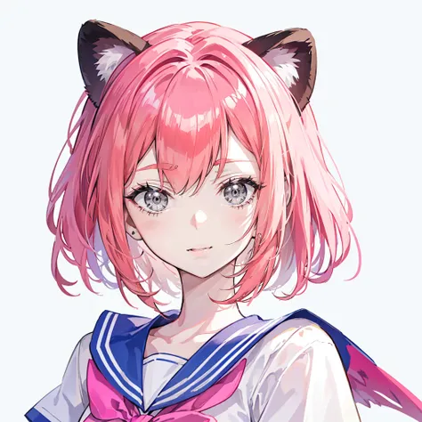 Ski style, 1 Girl, Solitary, Pink Hair, Animal ears, Blue Eyes, wing, Looking at the audience, mole, Bangs, Short hair, bow, Sailor collar, Simple background, white Sailor collar, mole under mouth, hair bow, pink bow, Shut up, shirt, white shirt, Bear ears...