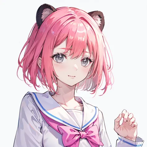 Ski style, 1 Girl, Solitary, Pink Hair, Animal ears, Blue Eyes, wing, Looking at the audience, mole, Bangs, Short hair, bow, Sailor collar, Simple background, white Sailor collar, mole under mouth, hair bow, pink bow, Shut up, shirt, white shirt, Bear ears...