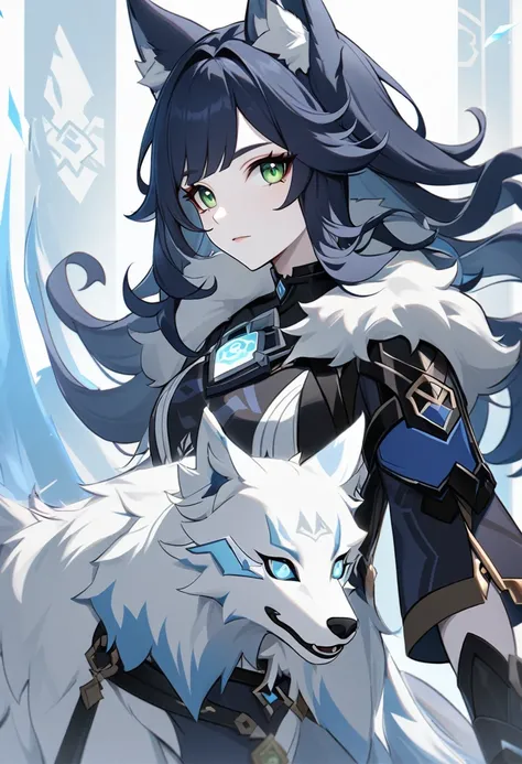 Genshin Impact, pale skin, female, long wavy dark blue hair with bangs, green eyes, wolf ears, black armor with fur alignments, accessories, Cryo vision, arctic wolf hybrid, high resolution