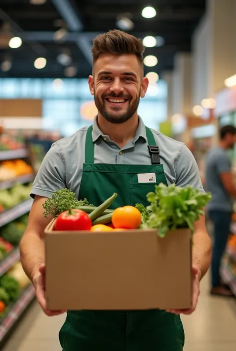 Make an YouTube thumbnail showing Supermarket store in the background with 2-3 peoples and also show an male staff member holding vegetables cardboard box facing towards us remove background and Show only the staff member and make it in png form