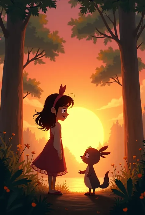 Scene 6: The Farewell**  
   - Lila and Pico at the edge of the forest, capturing the emotional moment of goodbye. Lila stands with tears in her eyes, while Pico prepares to take flight, surrounded by a beautiful sunset..
