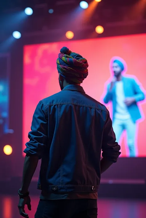 A 20 year old stylish turban male is singing in a concert back profile and there should a screen with title of Unknown Likhari in english
