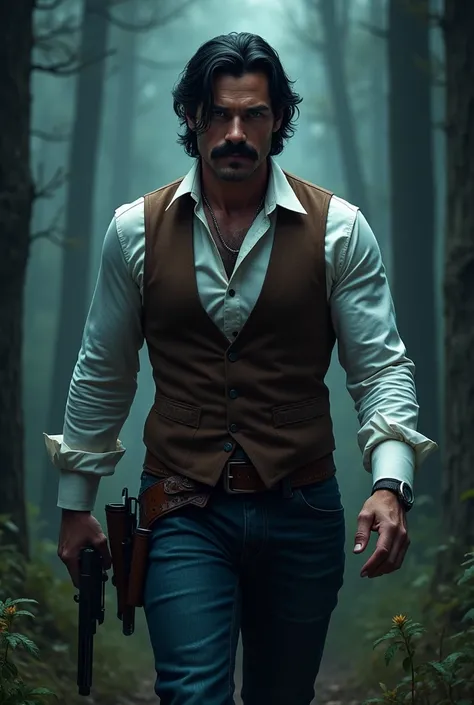 Black hair imperial mustache strong man have blue eyes, no beard, wear white shirt with brown vest, cowboy style,  walk in night forest with hand gun