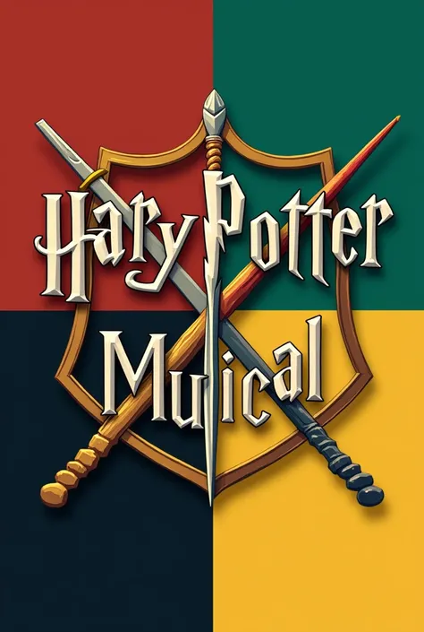 Logo with simple crossed wands, Boken, pen to write, Hogwarts house colors, and with the title "a very potter musical"