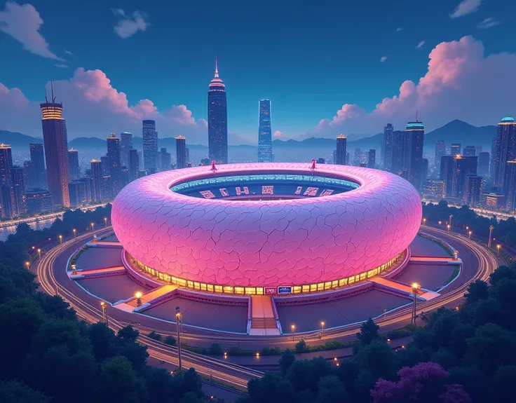 3d,Cartoon,There are details,There is texture,Large egg-shaped stadium,Taipei Arena,Night