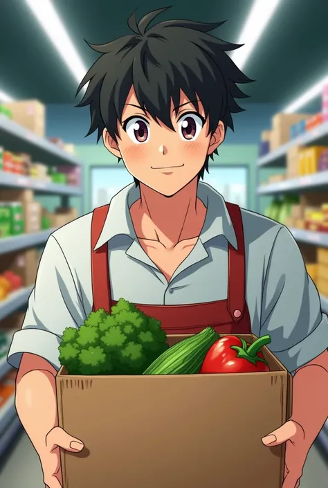 Make an YouTube thumbnail showing Supermarket store in the background with 2-3 peoples and also show an male staff member holding vegetables cardboard box facing towards us remove background and Show only the staff member and make it in png form show the s...