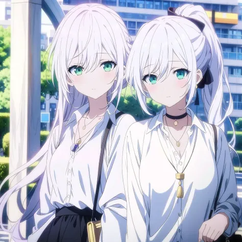 masterpiece,Nashida(Genshin Impact), 1 Girl , White shirt:1.5 ,Side Ponytail ,White hair ,Colorful hair, Green Eyes,Casual wear , have , Black necklace, Bag , Green Hair,Busy Road , City Life 