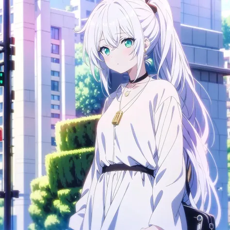 masterpiece,Nashida(Genshin Impact), 1 Girl , White shirt:1.5 ,Side Ponytail ,White hair ,Colorful hair, Green Eyes,Casual wear , have , Black necklace, Bag , Green Hair,Busy Road , City Life 