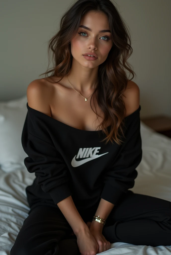 (photorealism:1.2),(4k), Create a photo of a beautiful 20 year old young woman, dark blue eyes, thin face and sharp jaw, Wavy brown hair, slim and athletic body, of 1.72 tall, medium full breasts, that he wears a black sweater (Nike) black pajama pants, th...