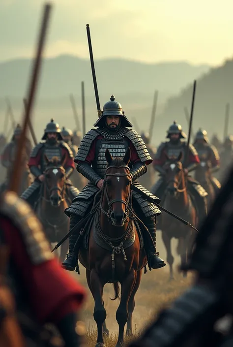 Japanese cavalry during the Warring States period,Many samurai on horseback,Waiting on a distant hill,The camera is looking up from below,Realistic texture, Cinema Lighting, Ultra-Realistic Details, Realistic