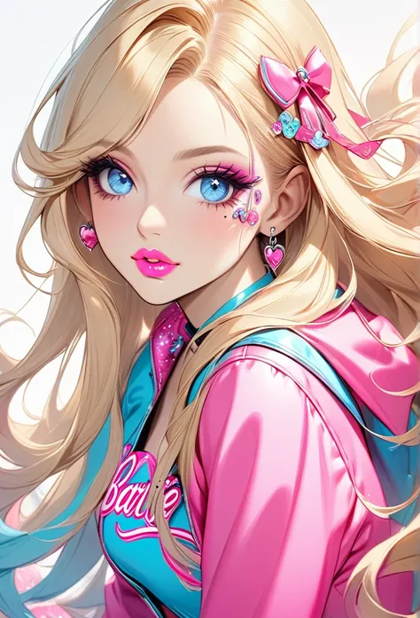 Woman, with very long blond hair, with light blue eyes, she is wearing a barbie outfit, she has pretty pink lips, with peircings, she is wearing pink eyeshadow.