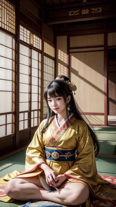 Illustration of Sei Shonagon in the Heian period, sitting elegantly in a traditional Japanese palace. She holds a brush and a scroll, dressed in a luxurious yellow kimono with vibrant patterns. Her face is designed to appeal to American preferences, featur...