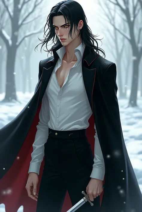 A young tall thin man with a handsome face with perfect thin features, long black hair, yellow eyes, beautiful black eyebrows, a vampire, a thoughtful expression on his face, in a snow-white shirt and a black cape, a dagger in his hand