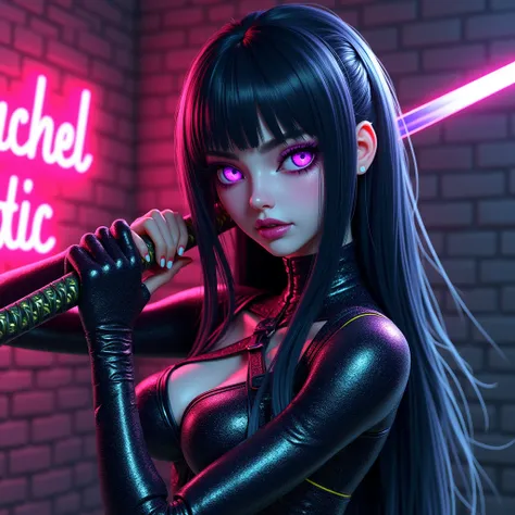 3D and anime style, Ideal beautiful girl, Russian beautiful girl, ((black and white hair)), ideal long hair, ((black and white hair straight hair)), big purple eyes, neon glowing eyes, complex makeup, ((pouty lips)), big pink shiny lips, ((in a ninja suit)...