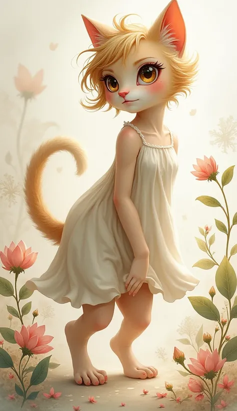 A female cat-human hybrid, a fantasy character, tender, adorable, dynamic pose, a mix of watercolors, illustrations and oil paintings