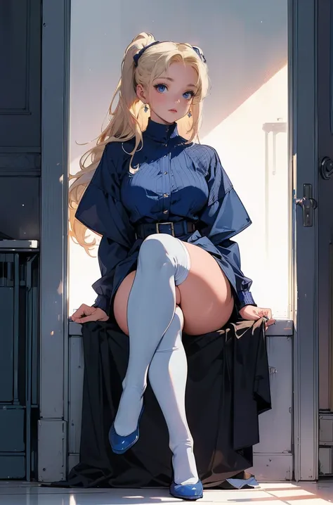 (best lighting), (best quality, masterpiece:1.2), illustration by hajime sorayama, perfect body, hyperfeminine curves, Woman, 30 years old, mature, blonde hair, blue eyes, very long ponytails, curvy, high fashion, blue and white, knee high socks, elegant, ...