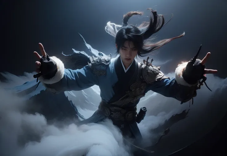 wabstyle, glowing, two-tone hair, fog, mist, dual wielding,  fighting stance, (hell|heaven:0.5) (white|black:0.5), armor, blue day, east asian architecture,
1boy, solo, (photorealistic:1.4), cowboy shot,
cinematic angle, fisheye,  motion blur,
zwd, md,