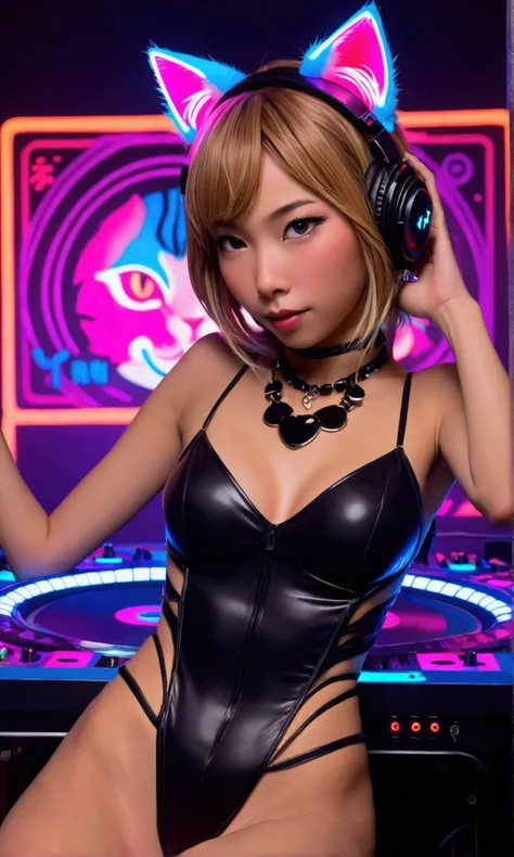 cute yuna (sexy club outfit neon highlights, neon lit cat ears) is a sexy DJ, behind her erotic videos is being projected, she is at an electronic spin table, sexy poses, dim club
