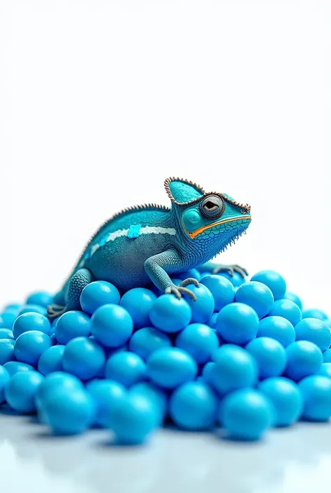 Bergaya photography,Bright blue chameleon,lying on a pile of bright blue candy balls,white background,ultra realistic,detail,photography,best quality 8k hd.