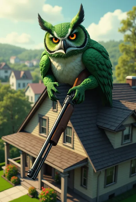 Green owl watching over a house with a shotgun 