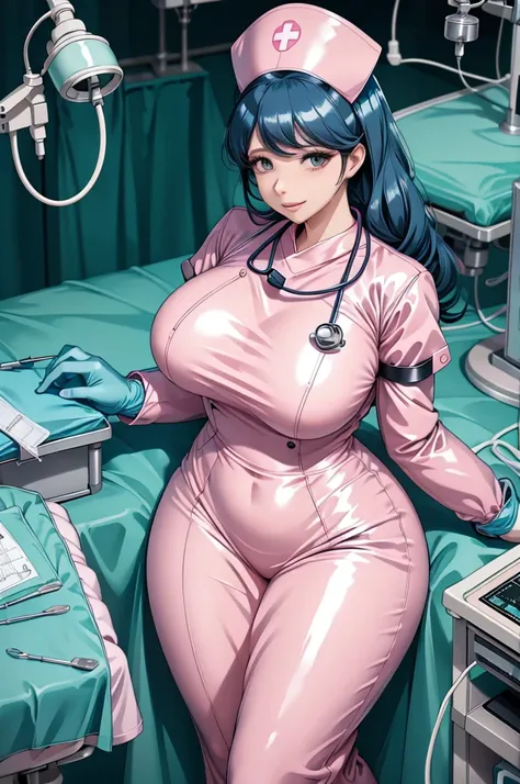 nurse uniform,hospital, latex nurse suit,nurses,busty,elbow gloves,labcoat,black hair woman,pink eyes , gigantic ,medical instru...