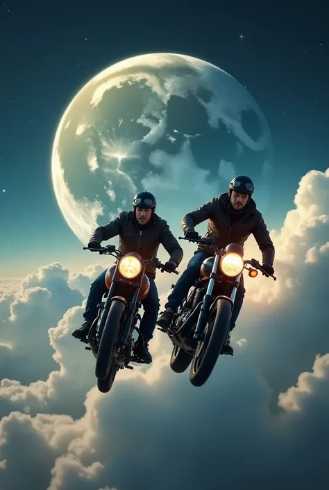 Two riders are riding each other closely on sky towards moon with get engine and they are using royal enfield bikes