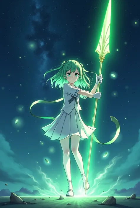 Night sky，White short-sleeved school uniform，White pleated skirt，white pantyhose，White Gloves，Green long hair anime girl，Magic Spear￼