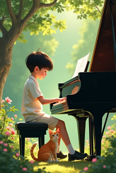 Draw a school boy playing  piano in the garden and a cat seating beside him.Fair colour black piono