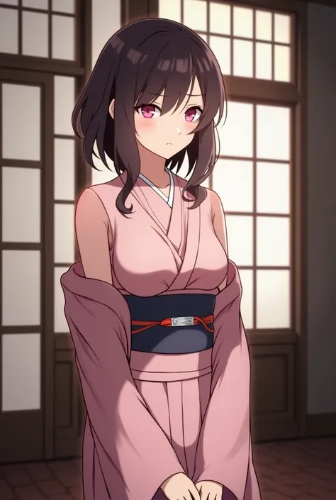 Beautiful young adult girl with medium-short medium-long brown hair and pink eyes wearing a pink kimono with her chest uncovered, slightly noticing that there is nothing and under the kimono in the background a room with a window.