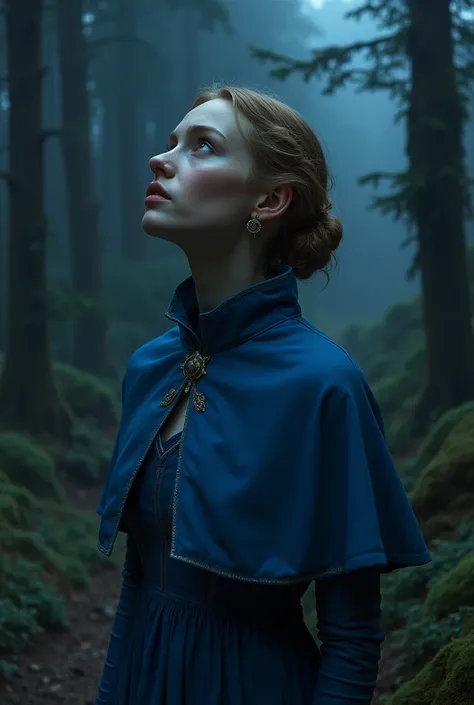 masterpiece, best quality, marianne_timeskip, blue dress, capelet, dark alpine forest, standing, night, looking up, upper body, detailed face 