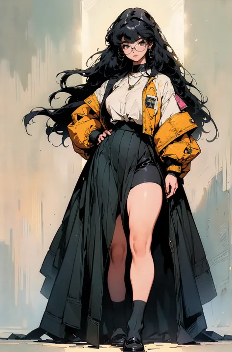 (best lighting), (best quality, masterpiece:1.2), (character sheet same character), illustration by hajime sorayama, perfect body, hyperfeminine curves, woman, 2, (((very long black hair))), yellow eyes, glasses, thick, curvy, high fashion, short socks, sk...