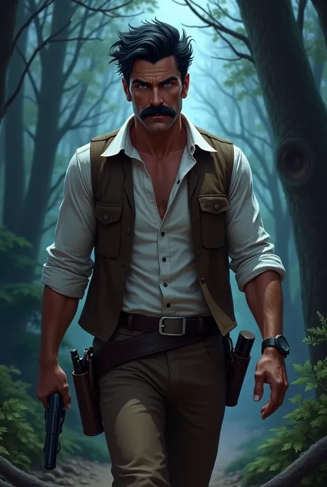 Black Messy Quiff hair imperial mustache strong man have blue eyes, no beard, wear white shirt with brown vest, cowboy style,  walk in night forest with hand gun