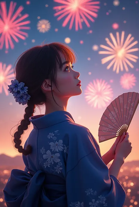 Cute Japanese woman wearing an indigo dyed yukata watching fireworks、Age 19、Hairstyle: braids、Brown Hair Color、Holding a fan、Japanese Idols、Similar to Kanna Hashimoto