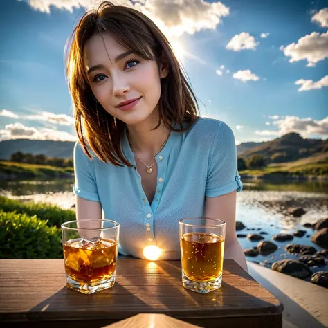 (Realistic, 超Realistic:1.4), 16K HDR, High resolution,Brown short hair,The best smile、Japanese Actress,Super Beauty(Like the real thing),Short sleeve dress,Whiskey Bottle、The Macallan、Johnnie Walker、、Old Parr、whiskey、Suntory、nick、Slim couple、Model Couple、(...