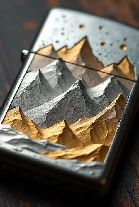 The background is a close-up of a metal object of a mountain, Beautiful design, concept art zippo lighter, artistic depiction, golden silver elements, light toned, magnificent design, gold inlay, abstract scene design, etched relief, vector art for cnc pla...