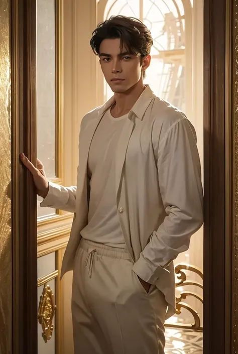 A strikingly handsome man stands confidently before a detailed backdrop of the Eiffel Tower, exuding elegance and allure. His well-toned, muscular physique is highlighted by soft, diffused lighting that enhances his smooth, flawless skin. His chiseled jawl...