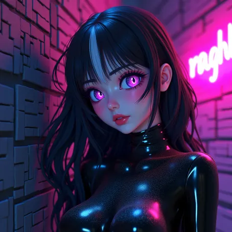 3D and anime style, Ideal beautiful girl, beautiful girl, ((black and white hair)), ideal long hair, ((black and white)), big purple eyes, neon glowing eyes, complex makeup, sad, crying, ((pouting lips)), big shiny lips, ((in a latex suit)), blue, purple, ...